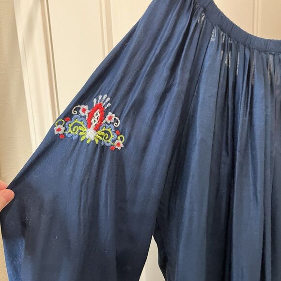 Kyla Seo Blue Red Floral Embroidered Tassels Peasant Boho Hippie Top Size L - Picture 10 of 11